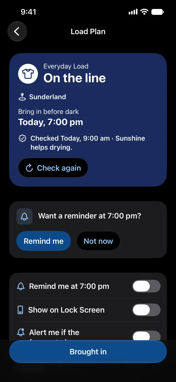The Load Plan screen, with a navy card on a black screen. An Everyday Load is on the line in Sunderland. Bring in before dark, today, 7:00 pm. Checked today, 9:00 am. Sunshine helps drying. The card has a Check again button. Below it, PegCast asks once: Want a reminder at 7:00 pm? with Remind me and Not now buttons. Below that are the Remind me at 7:00 pm, Show on Lock Screen and Alert me if the forecast changes switches, all off, and a full-width Brought in button.