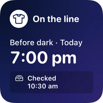 A small Home Screen widget on a navy and purple night sky. It says On the line, before dark, today, 7:00 pm, checked at 10:30 am.